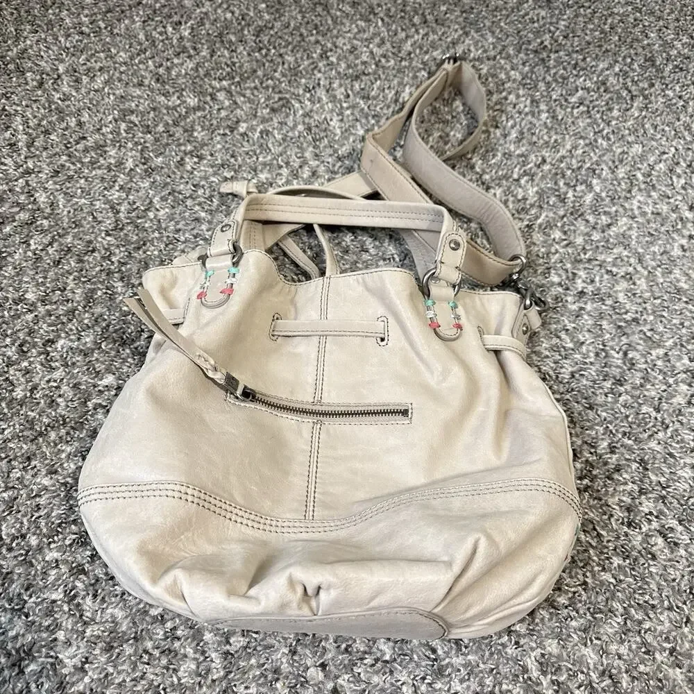 The Sak Bag Bucket Beige Natural Leather Drawstring Crossbody Hobo Purse New